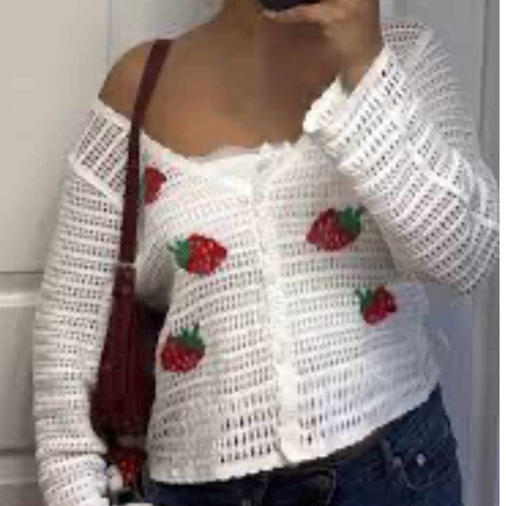 WoWo White Crochet Strawberry Embroidered Top